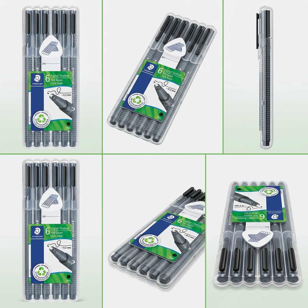 A 3x2 grid of product images showing the identical black STAEDTLER fineliner set from various angles.