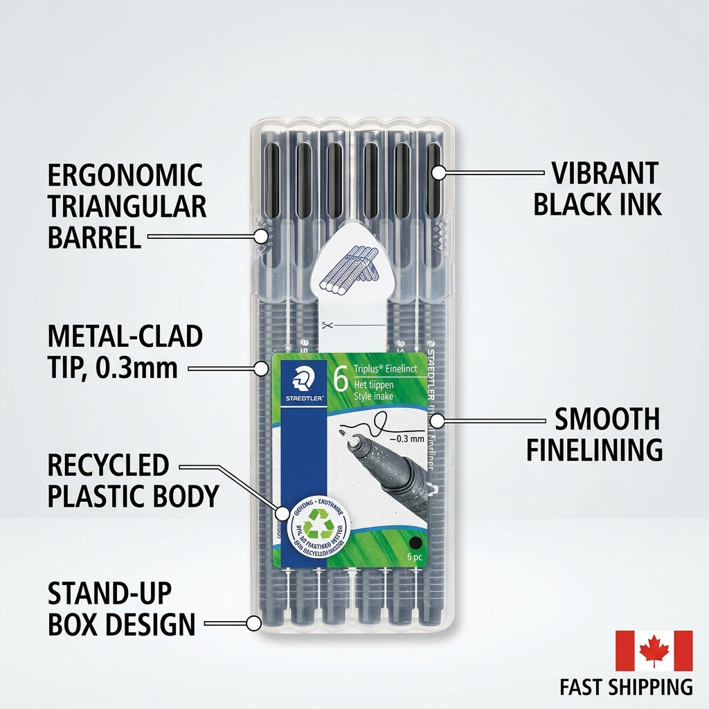 Feature graphic showcasing key specifications for the STAEDTLER Fineliner Triplus Rpp 0.3Mm Black 6-pack.