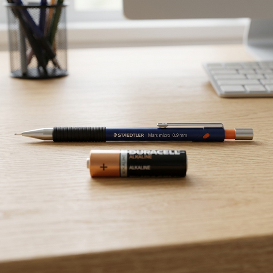 A close-up shot of the Staedtler Mars micro 0.9mm pencil lying next to a standard AA battery. The pencil is dark blue with a silver tip and pocket clip, and black grip. The scene is lit with natural, diffuse light on a neutral wooden table surface. The size difference is clear.
