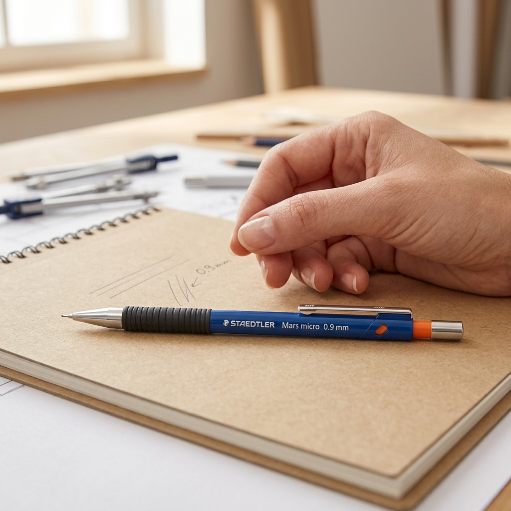 A realistic photo of the STAEDTLER Mars micro 0.9 mm mechanical pencil next to a notebook.