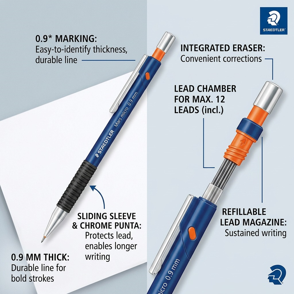 Feature graphic highlighting the STAEDTLER Mars micro 0.9 mm mechanical pencil's key components and benefits.