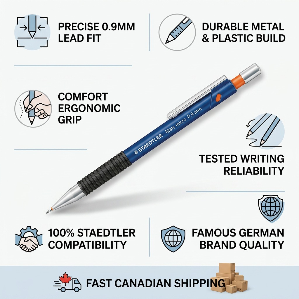 Trust infographic of STAEDTLER Mars micro 0.9mm pencil, featuring build detail icons and Canadian shipping cue.