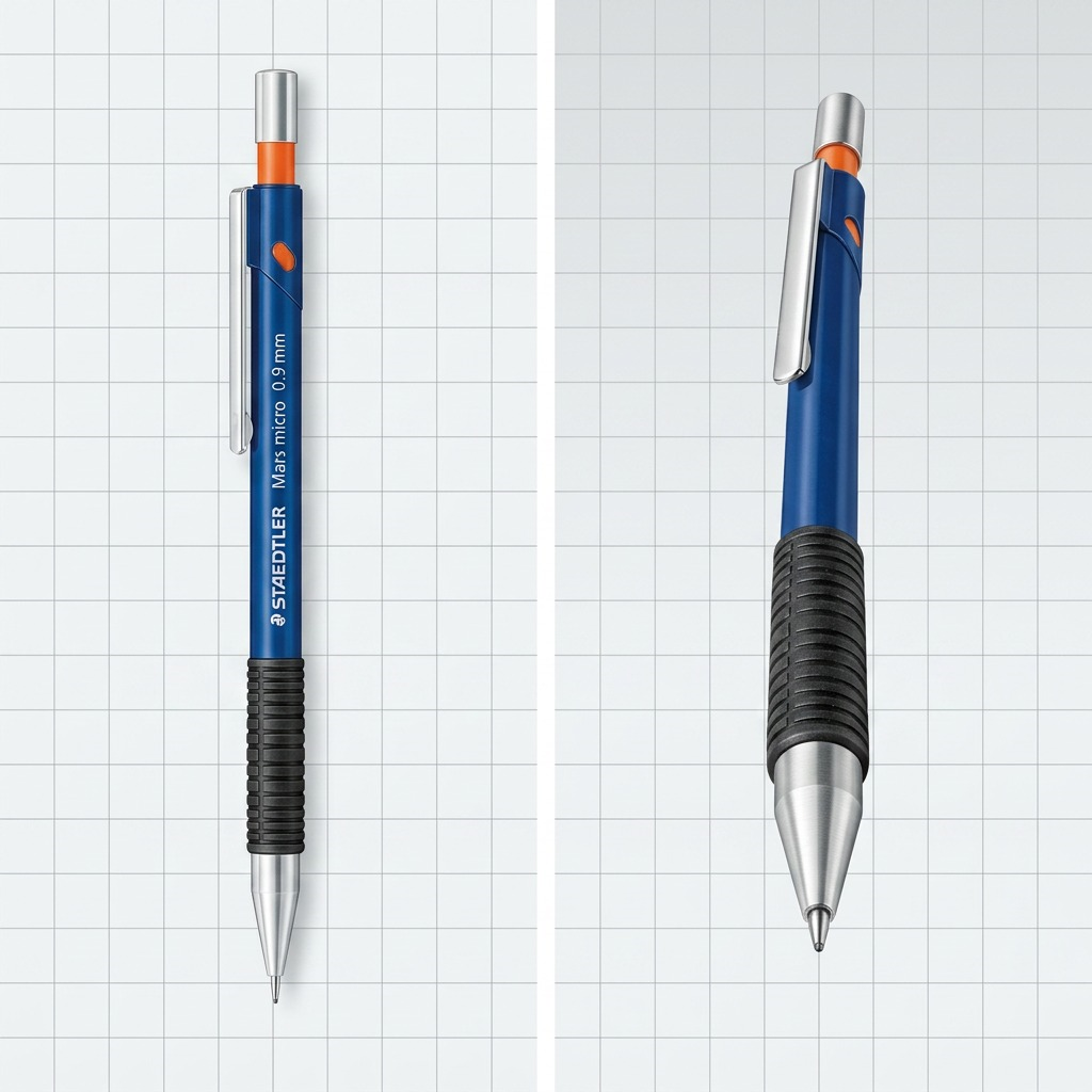 PDP visual matrix illustrating two angles of the Staedtler 0.9 mm mechanical pencil, showing its side and front profiles.