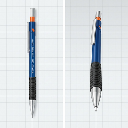 PDP visual matrix illustrating two angles of the Staedtler 0.9 mm mechanical pencil, showing its side and front profiles.
