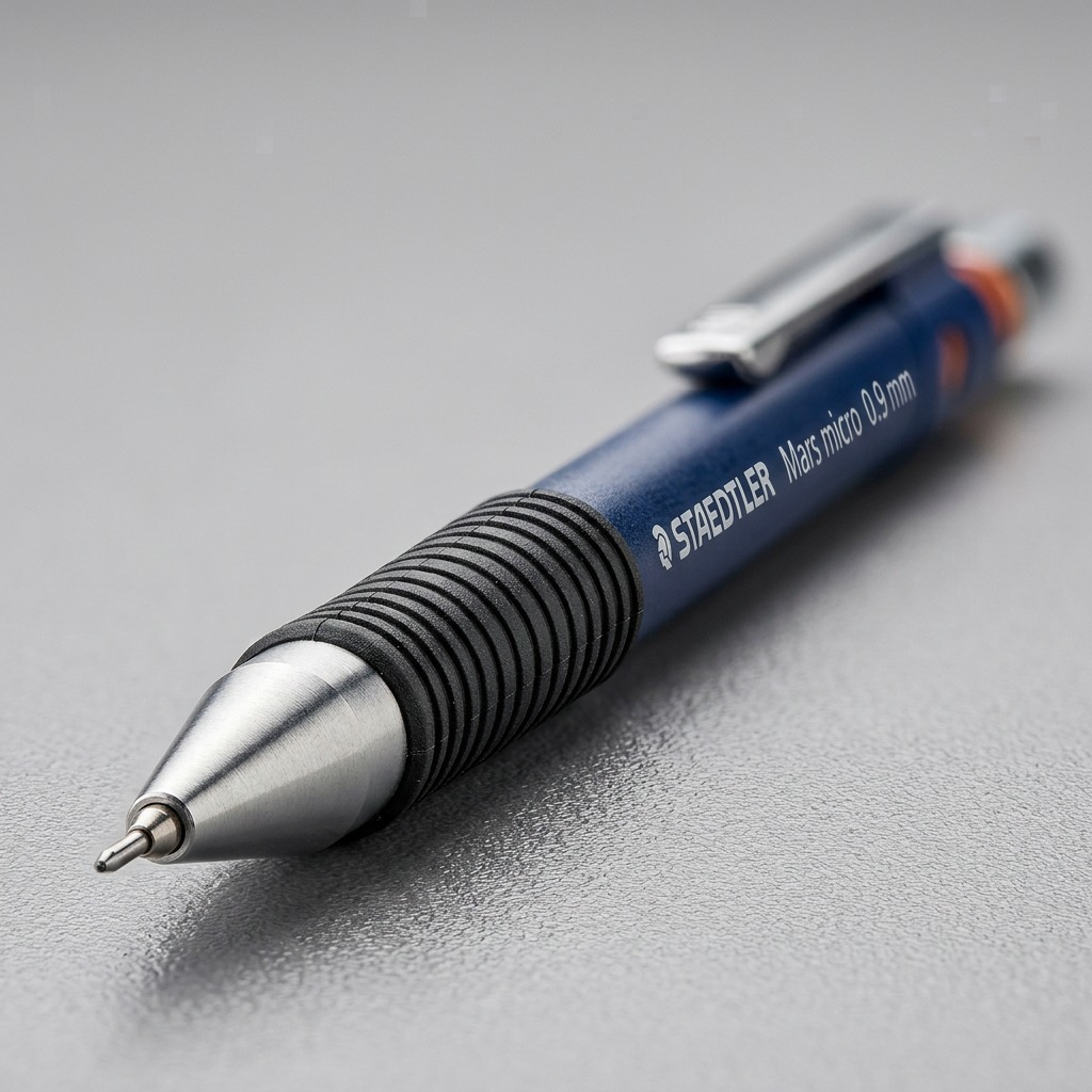 Macro photograph focusing sharply on the precise metal tip, black ridged grip, and the 'STAEDTLER Mars micro 0.9 mm' branding text on the dark blue barrel. The depth of field is very shallow.