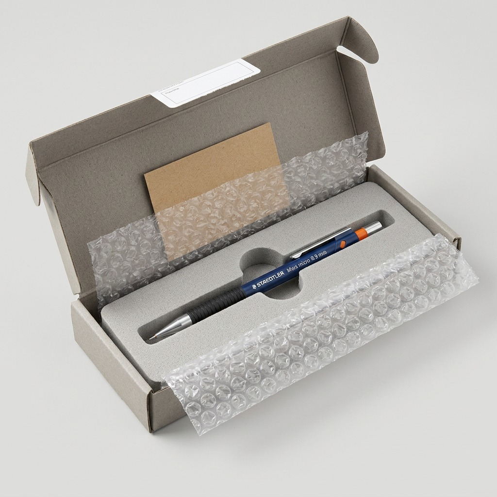 An unboxing scene shows the correct STAEDTLER mechanical pencil (image_0.png) protected by a bubble mailer in a neutral box.