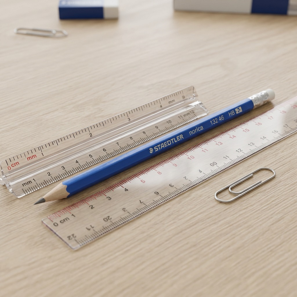 A Staedtler 132 46 CB12A pencil resting next to a standard 30cm ruler on a workbench.