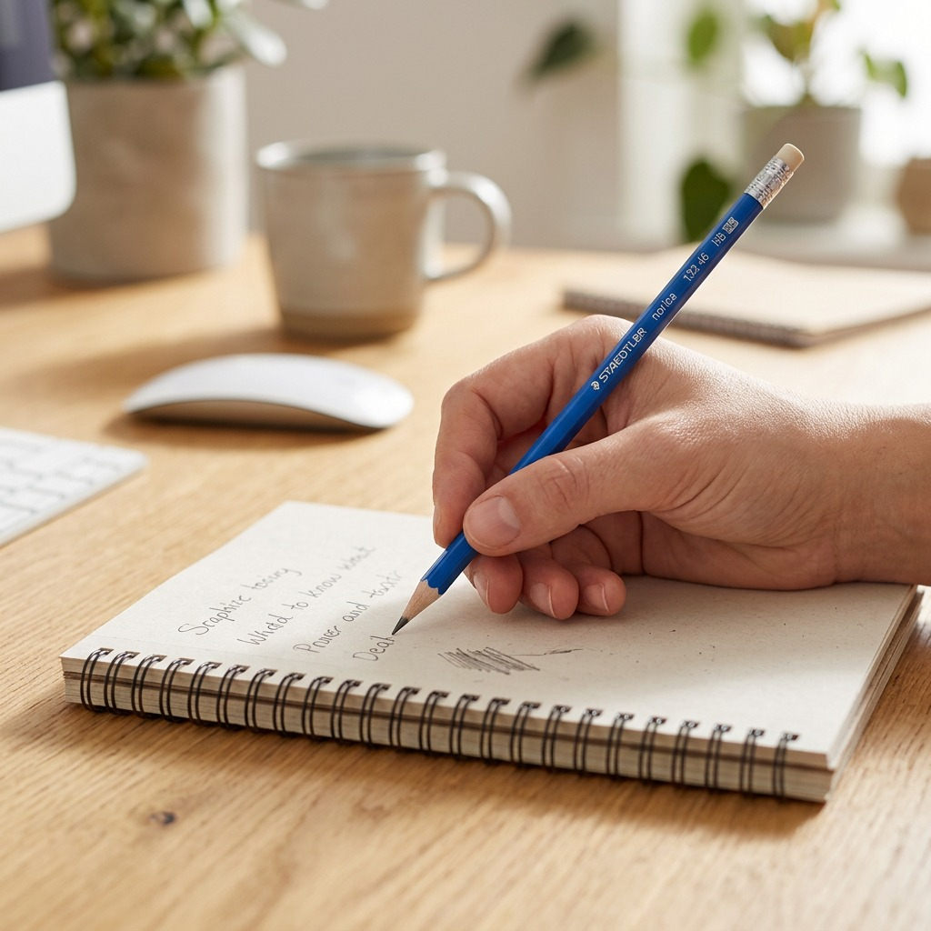 - A person holds a sharpened blue STAEDTLER Norica HB pencil, writing in a spiral-bound notebook on a wooden desk with standard pencil markings visible.