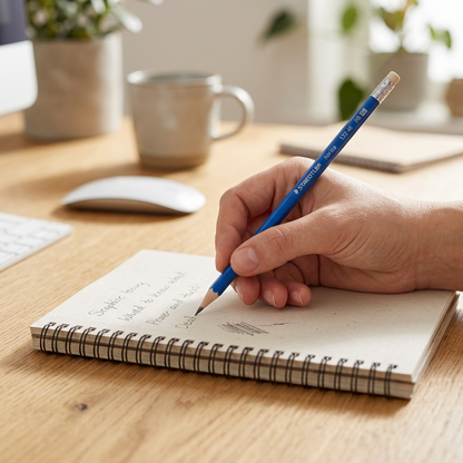 - A person holds a sharpened blue STAEDTLER Norica HB pencil, writing in a spiral-bound notebook on a wooden desk with standard pencil markings visible.