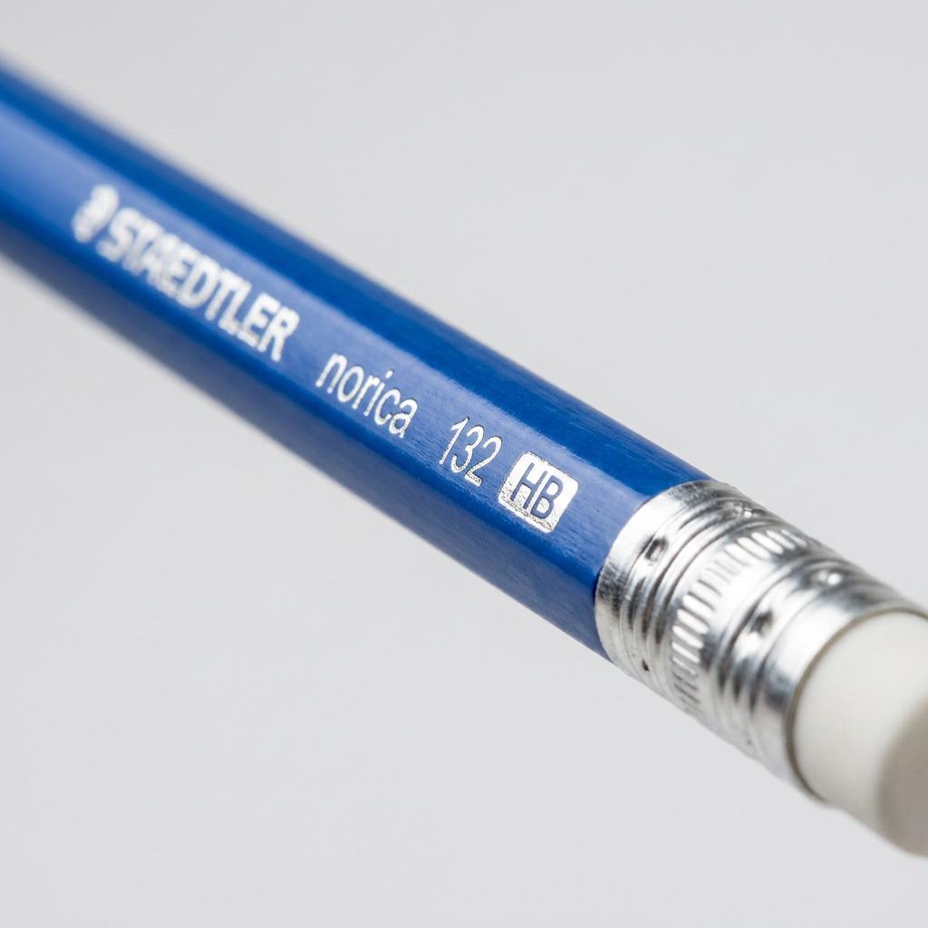 Extreme close-up macro photograph of a Staedtler Norica HB pencil ferrule, eraser, and clear silver foil print detail, emphasizing material quality.