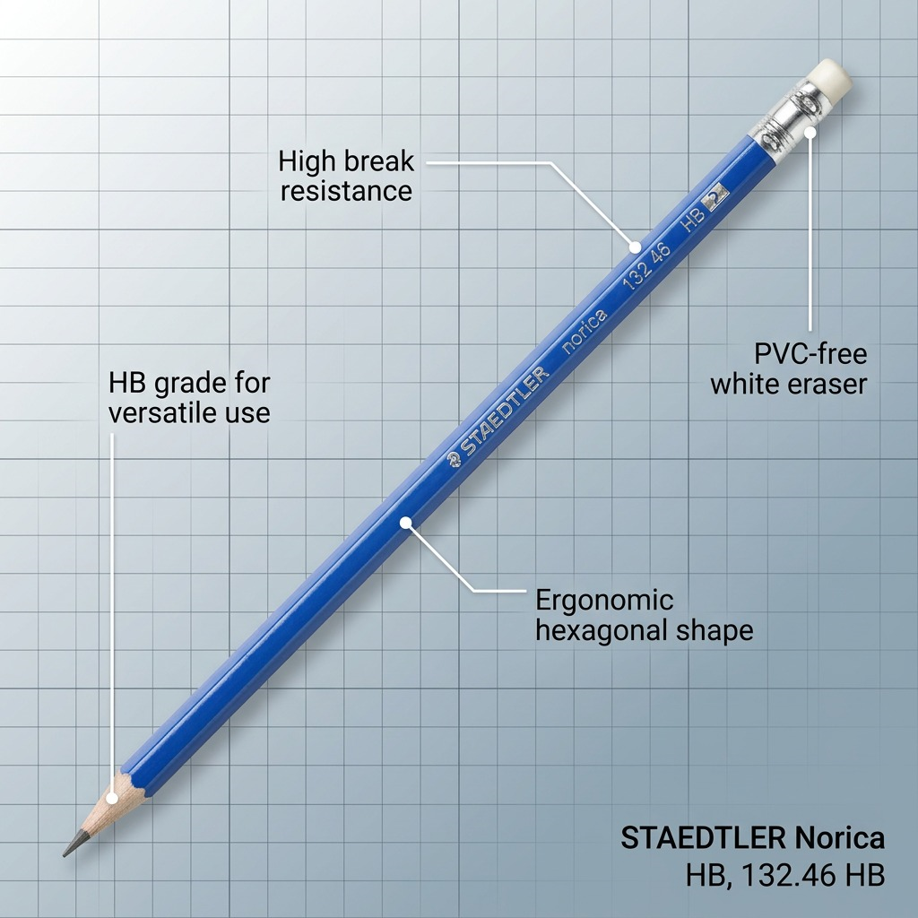 STAEDTLER Norica HB pencil feature callout image: highlighting HB lead, hexagonal grip, high break resistance, and PVC-free eraser.