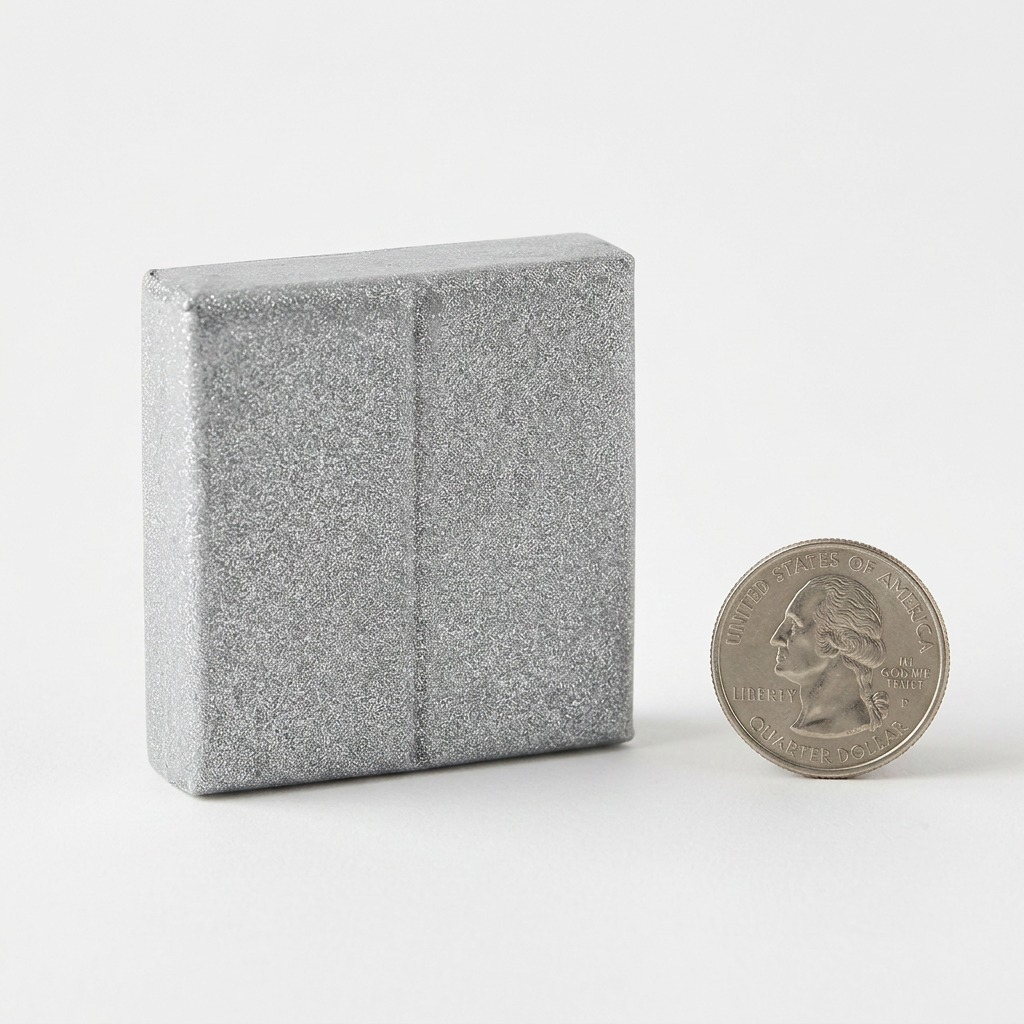 A studio shot comparing a block of silver Fimo Effect clay, free from its packaging, to a US quarter for scale.