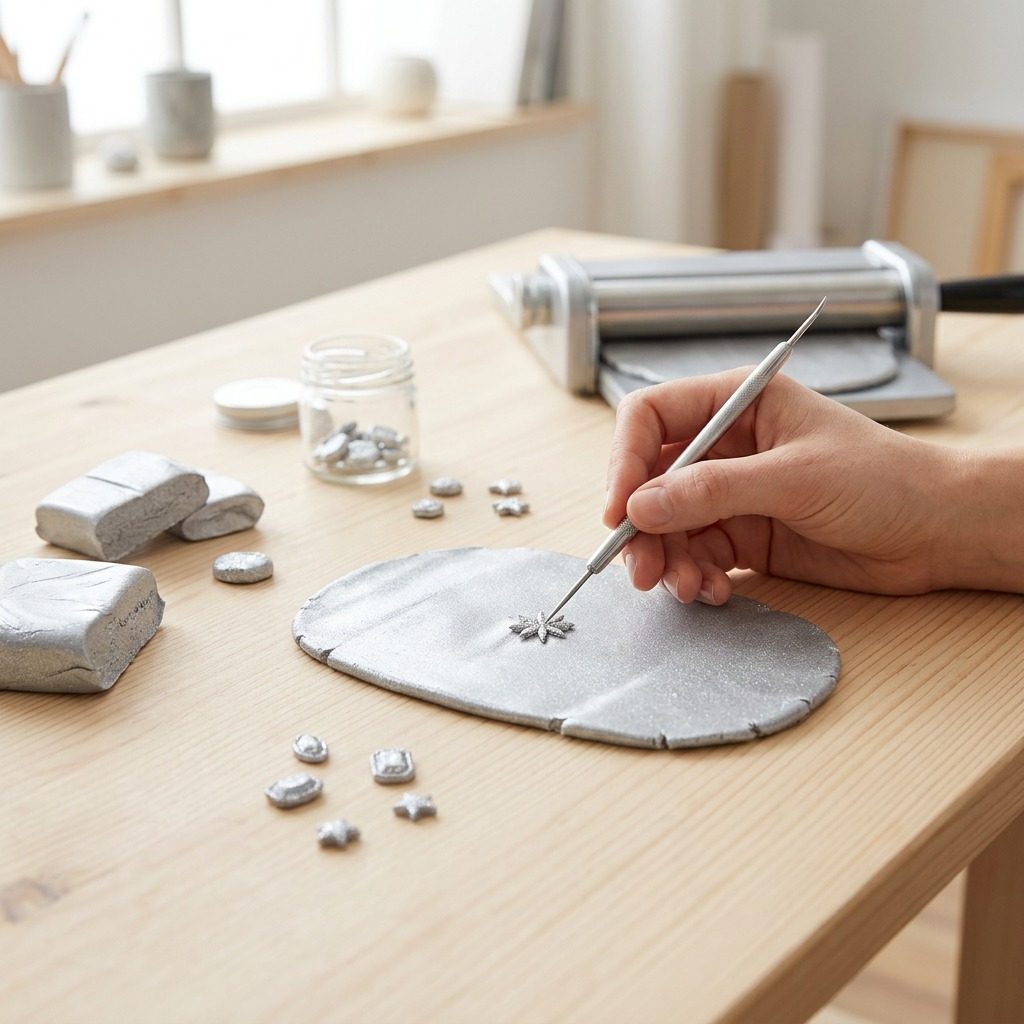 Lifestyle photo showing silver metallic polymer clay being used to model a small sparkle element on a workbench.