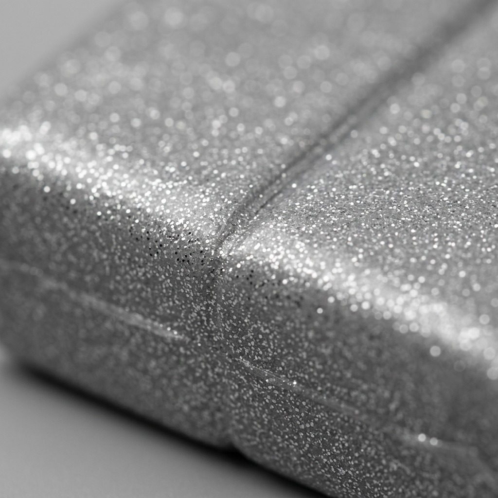 A detailed macro photograph showing the sparkling glitter surface texture of silver metallic polymer clay.