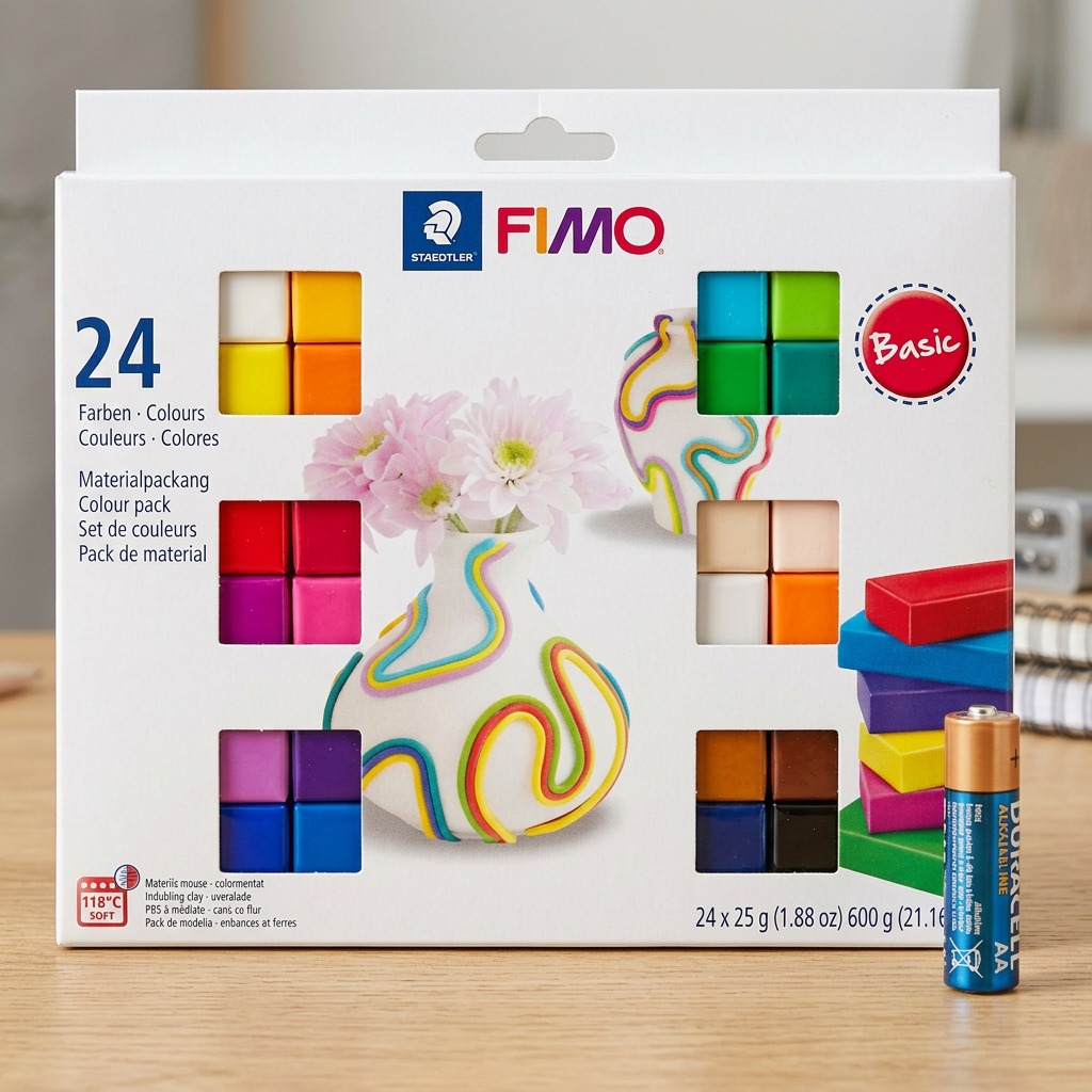A close-up shot of the Fimo Soft Basic Colors 24 pack (canonical product) on a wooden desk, standing beside a small hand holding an AA battery, providing a clear scale reference under neutral lighting. The focus is on the product size. (203 characters)
