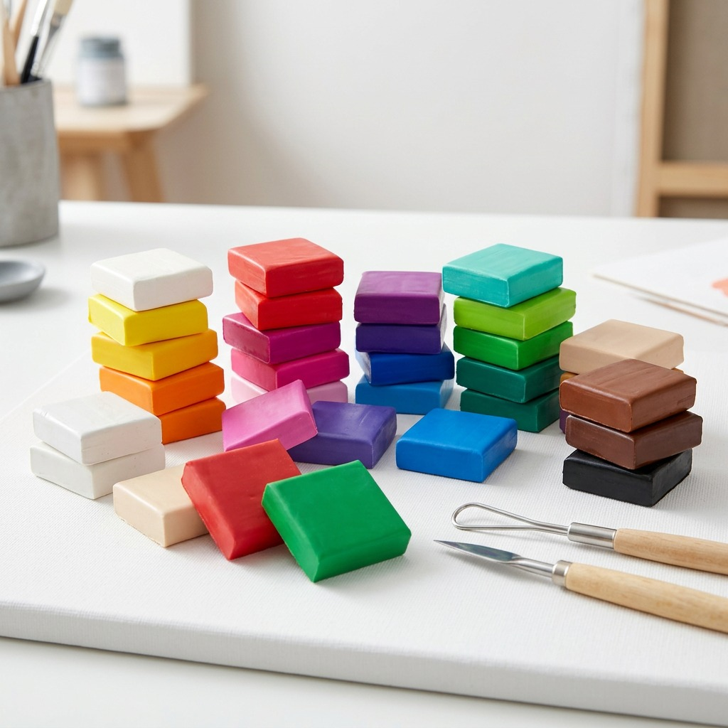 A realistic photo shows individual colorful FIMO Soft clay blocks. Blocks are stacked and arranged, ready for use on a clean white surface alongside sculpting tools, emphasizing creative potential.
