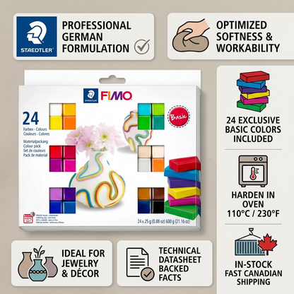 A trust and authority infographic for STAEDTLER FIMO Soft Basic Colors, highlighting 24 blocks and Canadian shipping.
