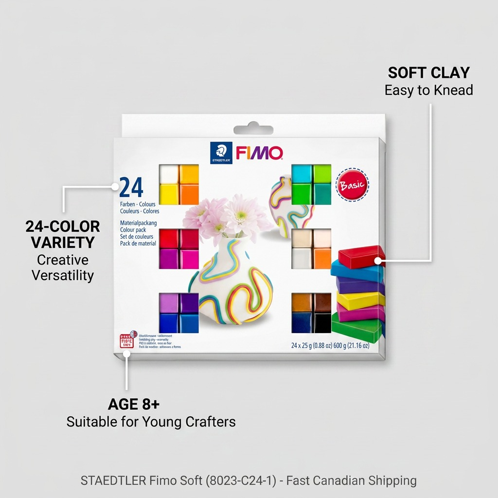Ecommerce feature graphic for STAEDTLER Fimo Soft (8023-C24-1) with callouts for soft clay, 24 colors, and 8+ age use.