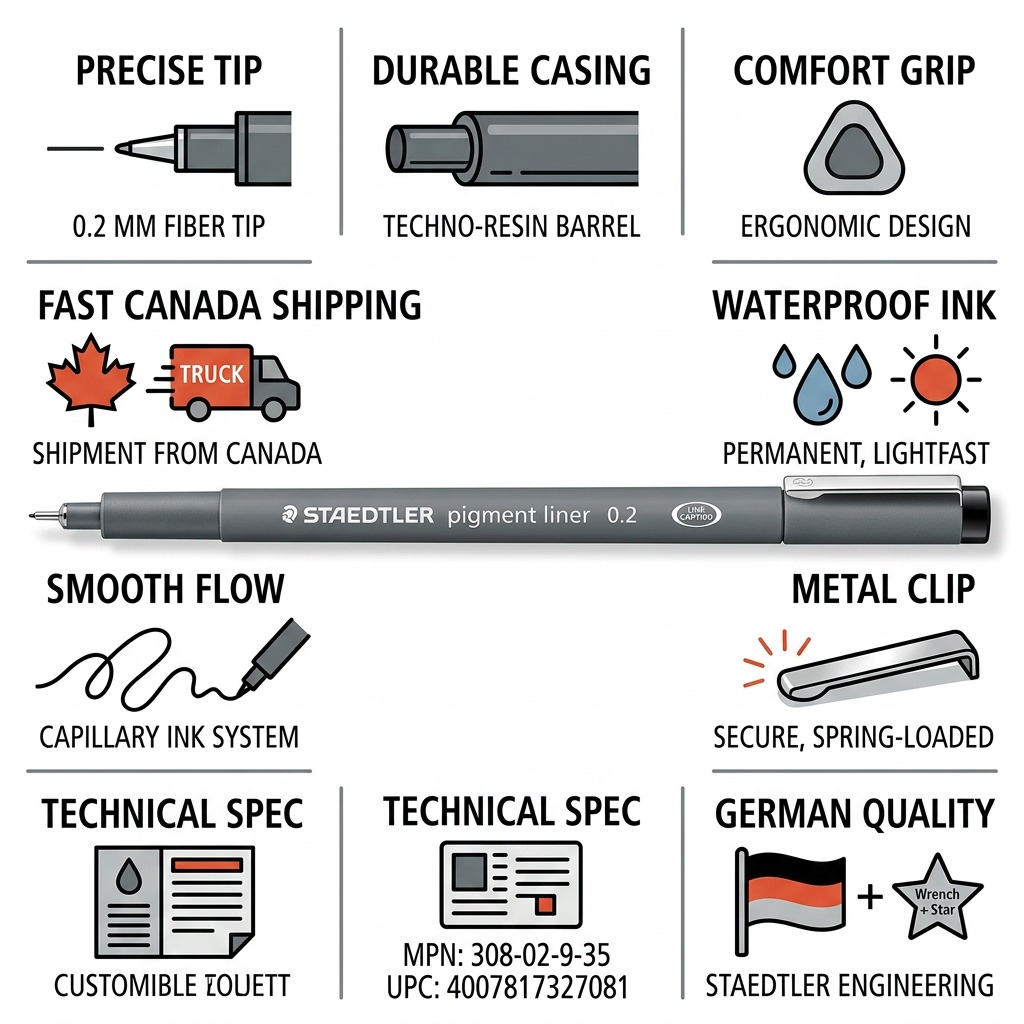 Infographic for STAEDTLER Fineliner 0.2mm pen, highlighting technical specifications and quality features.