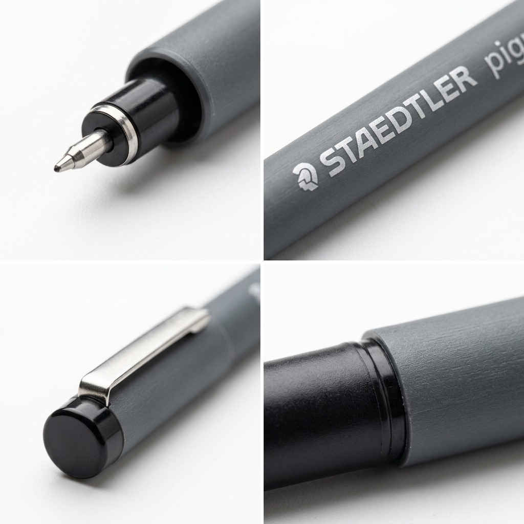 An extreme macro photograph capturing the very fine 0.2mm metal-clad tip and black plastic grip of a STAEDTLER pigment liner.