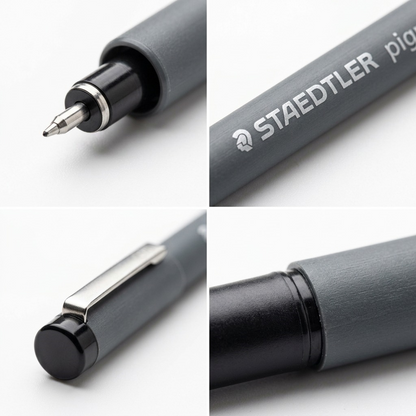An extreme macro photograph capturing the very fine 0.2mm metal-clad tip and black plastic grip of a STAEDTLER pigment liner.