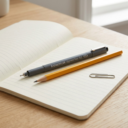 STAEDTLER Pigment Liner 0.2mm on a notebook beside a pencil and paperclip for size reference.