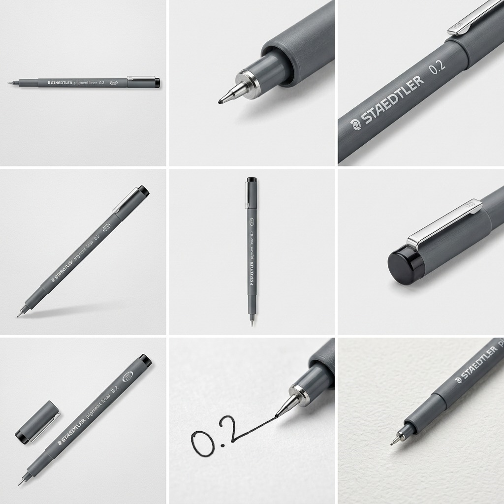 A 3x3 grid showing a single STAEDTLER Fineliner Pigment Liner 0.2mmpen from nine varied angles.