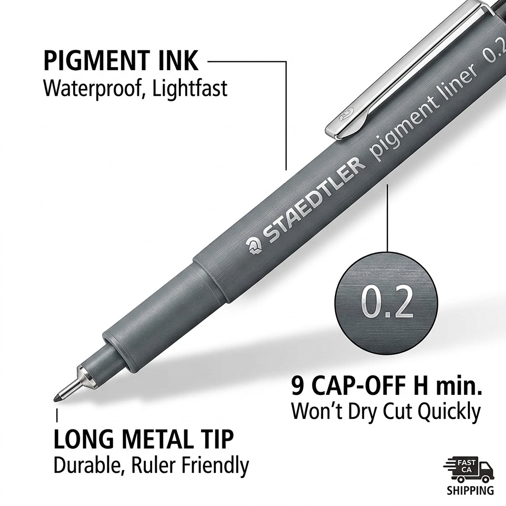 Close-up image of the 0.2mm black pigment liner with callout labels highlighting key features: bullet nib, permanent black ink, and ergonomic barrel. Included icon: fast Canadian shipping.