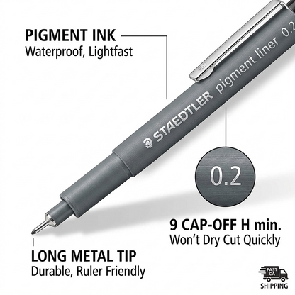 Close-up image of the 0.2mm black pigment liner with callout labels highlighting key features: bullet nib, permanent black ink, and ergonomic barrel. Included icon: fast Canadian shipping.