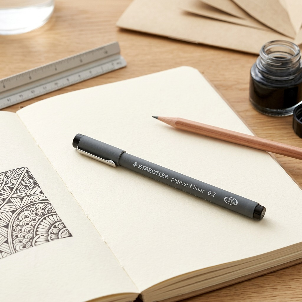 A Staedtler Pigment Liner 0.2mm pen rests on a notebook with an open journal, next to an inked architectural sketch.