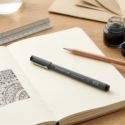 A Staedtler Pigment Liner 0.2mm pen rests on a notebook with an open journal, next to an inked architectural sketch.