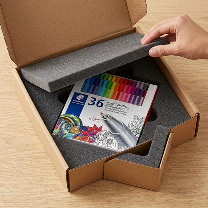 Unboxing a STAEDTLER Triplus 36-piece set, securely nested in protective foam within an open cardboard delivery box.