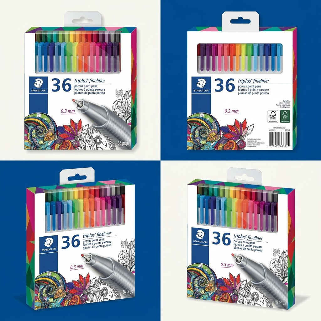 A variant grid matrix showing four identical Staedtler Triplus Fineliner 36pc sets (MPN: 334-C36-LU02) from four different viewing angles (front, back, left side, right side) against a clean, premium off-white and brand-aligned blue grid background.