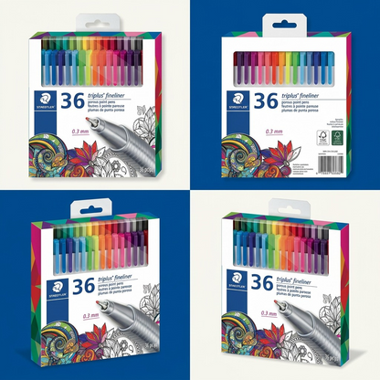 A variant grid matrix showing four identical Staedtler Triplus Fineliner 36pc sets (MPN: 334-C36-LU02) from four different viewing angles (front, back, left side, right side) against a clean, premium off-white and brand-aligned blue grid background.