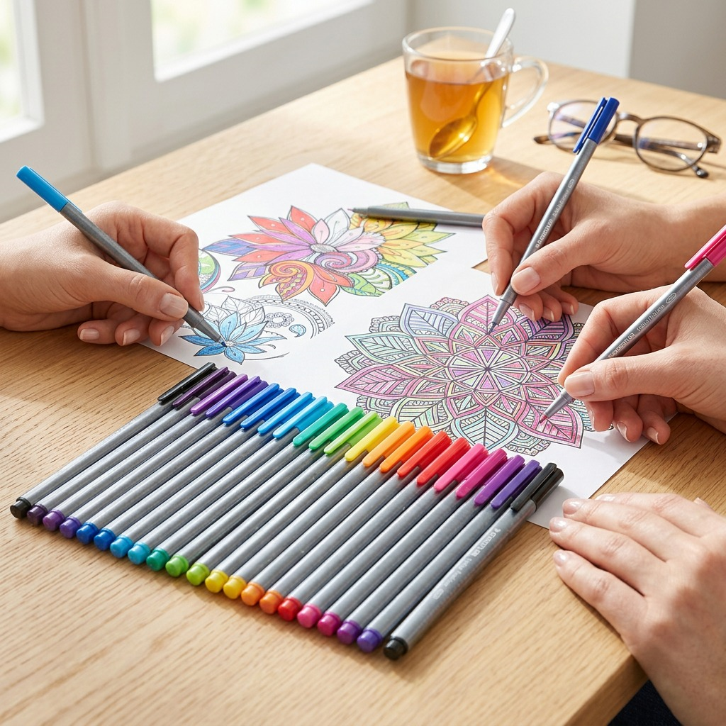 STAEDTLER Triplus Finliner pens (36 colors) used on an intricate adult coloring page, showing detail.