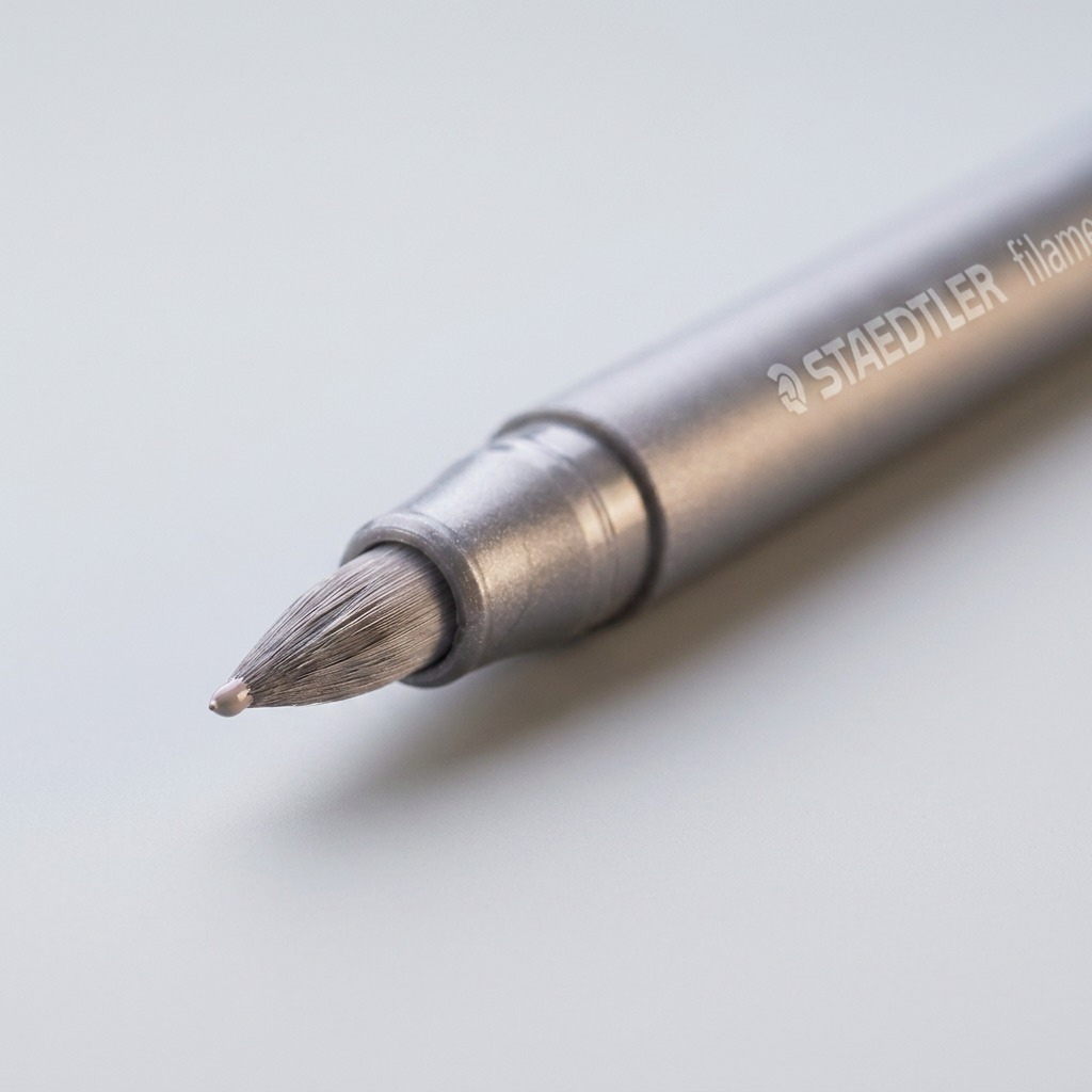Extreme close-up macro photograph of a specific soft, flexible brush pen nib from image_0.png, showcasing detailed fiber texture, light pastel formulation, and precise material finish.