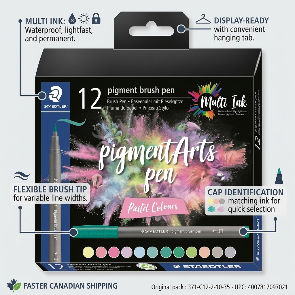 An ecommerce graphic illustrating the operational features of STAEDTLER Pigment Arts Brush Pastel Pens, including details on multi-ink properties and cap specifications.