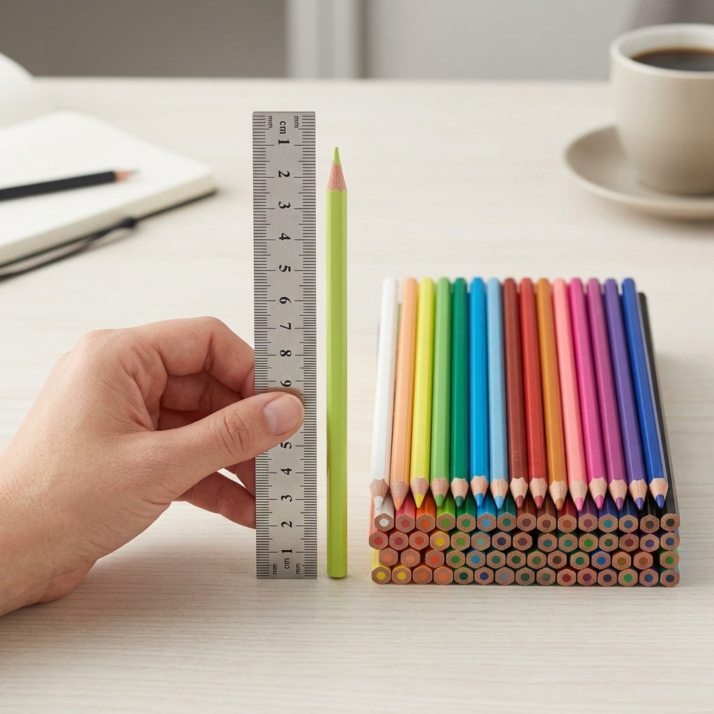 A scale image showing the Staedtler 24 coloured pencil set, removed from packaging, beside a standard-sized AA battery and a human hand holding one pencil on a clean wooden desk.