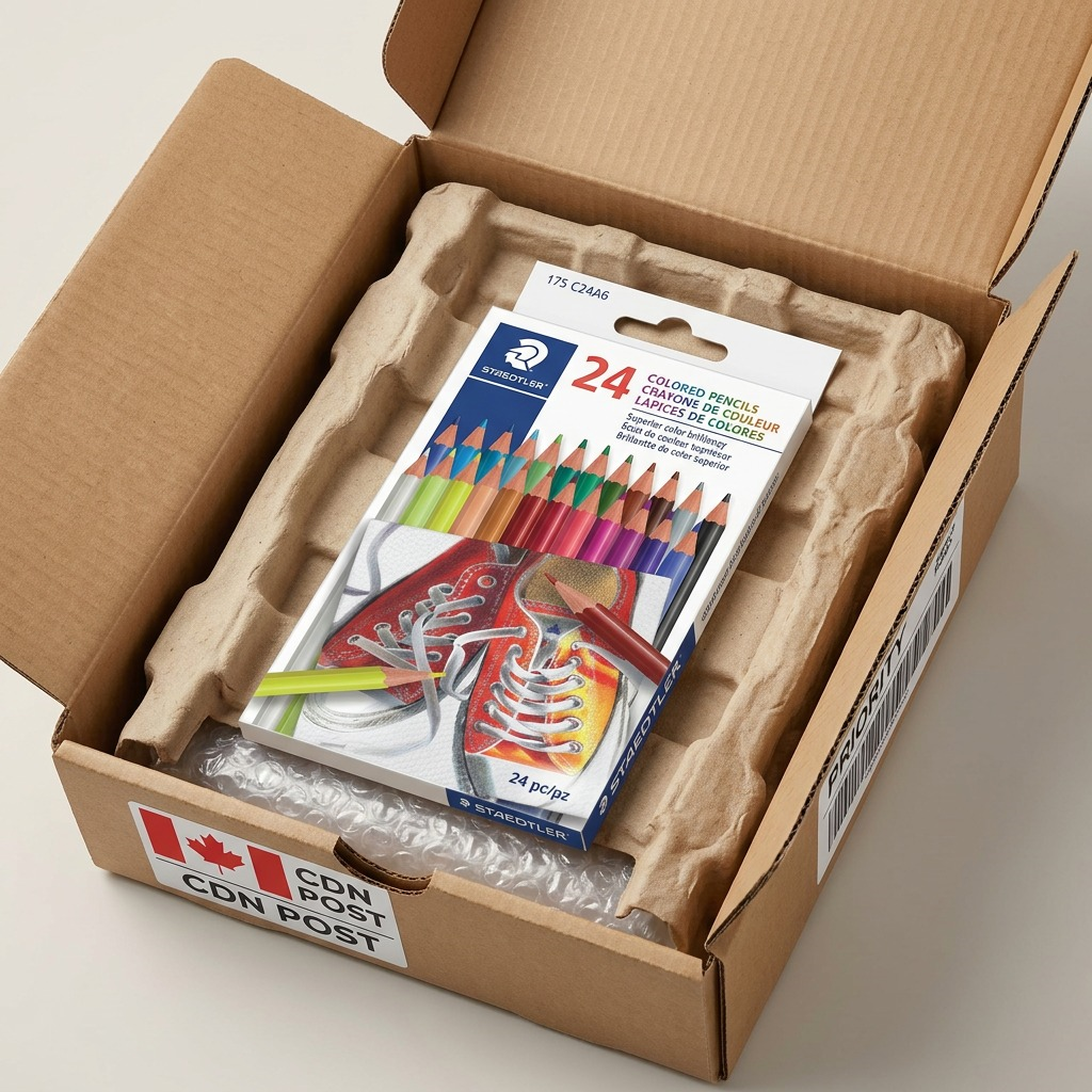 An image of STAEDTLER colored pencil pack arriving in a secure, padded shipping box.