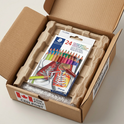 An image of STAEDTLER colored pencil pack arriving in a secure, padded shipping box.