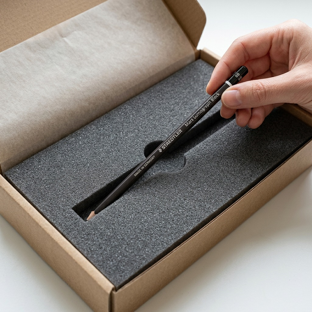 An open, protective shipping box with foam inserts protecting the STAEDTLER Mars Lumograph pencil, which lies inside.