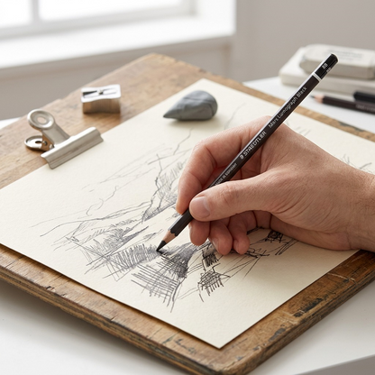 A photo-realistic lifestyle image showing the dark hex STAEDTLER Mars Lumograph Black 8B pencil (as seen in image_0.png) in use on textured drawing paper within an artist's studio, with natural side-lighting.