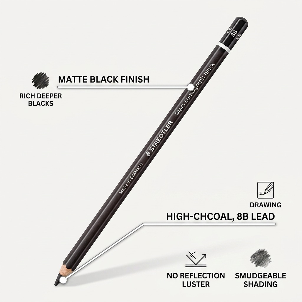 A features graphic of the STAEDTLER Mars Lumograph Black 8B pencil, highlighting matte black finish, high-charcoal 8B lead, and no-reflection luster for rich deeper blacks.
