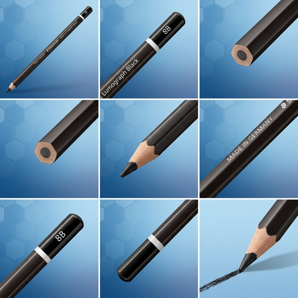 Premium ecommerce product detail page (PDP) visual matrix showcasing the STAEDTLER Mars Lumograph Black 8B pencil from multiple strategic angles and detail shots, emphasizing its design and functionality, set against a clean, brand-aligned background.