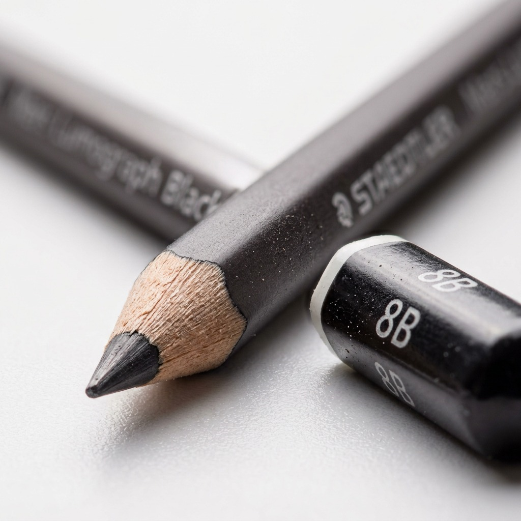 A macro photograph focusing on the textured barrel and detailed '8B' print of the STAEDTLER Mars Lumograph Black pencil.
