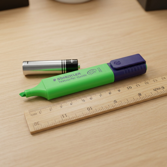 A photo of the Staedtler Textsurfer Classic highlighter placed flat on a desk beside a standard AA battery for a clear size reference.
