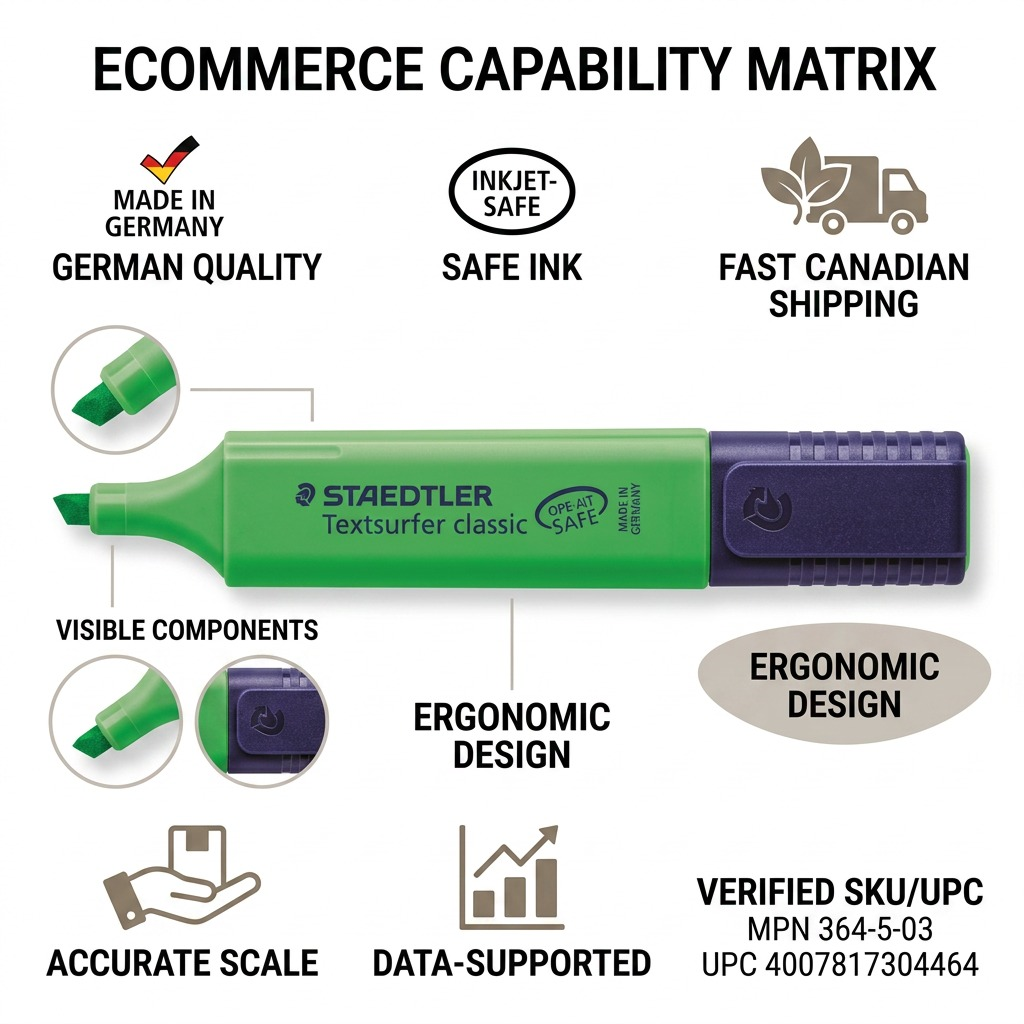 Trust and authority infographic matrix for STAEDTLER highlighter, featuring factual data and CAN/global icons.