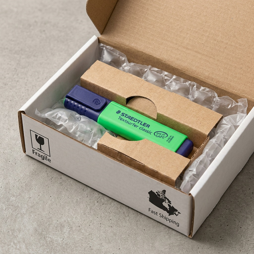 The STAEDTLER Textsurfer (green with violet cap) is nestling within a protective cardboard and air-bubble shipping box, ready for secure delivery.