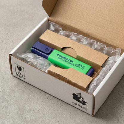 The STAEDTLER Textsurfer (green with violet cap) is nestling within a protective cardboard and air-bubble shipping box, ready for secure delivery.