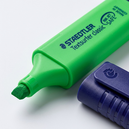 An extreme macro photograph detailing the precise chisel tip and printed logo on the Staedtler Textsurfer highlighter.